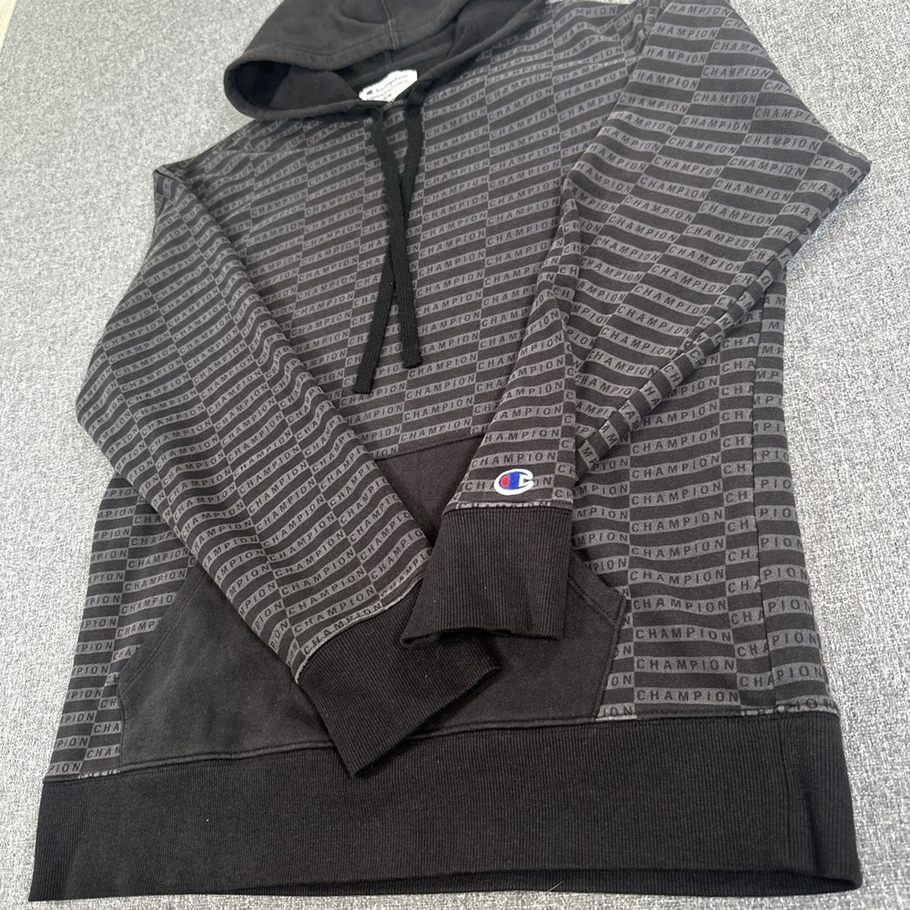 Champion Hoodie Mens Medium‎ Black White Reverse Weave All Over Print Pullover